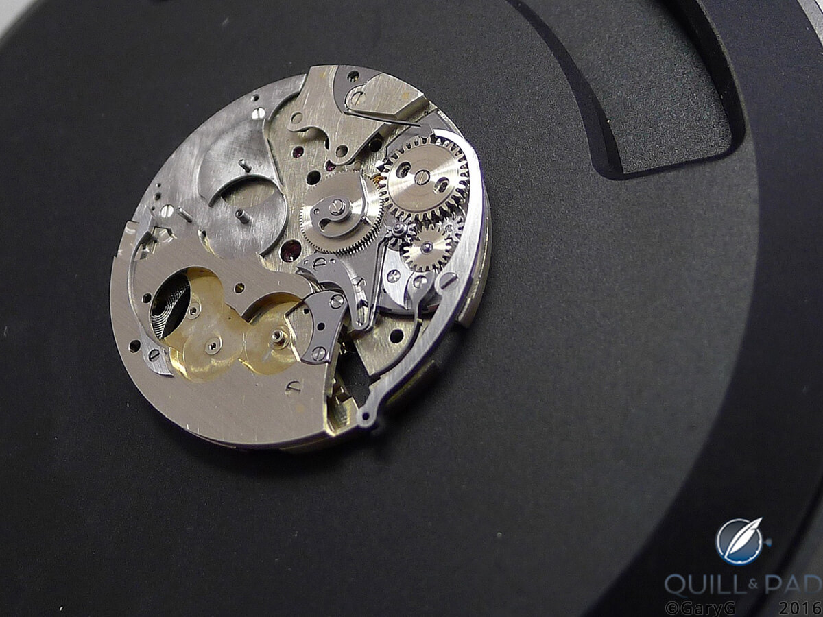 Dial side: Voutilainen Masterpiece Chronograph II in raw form with calendar components shown at right