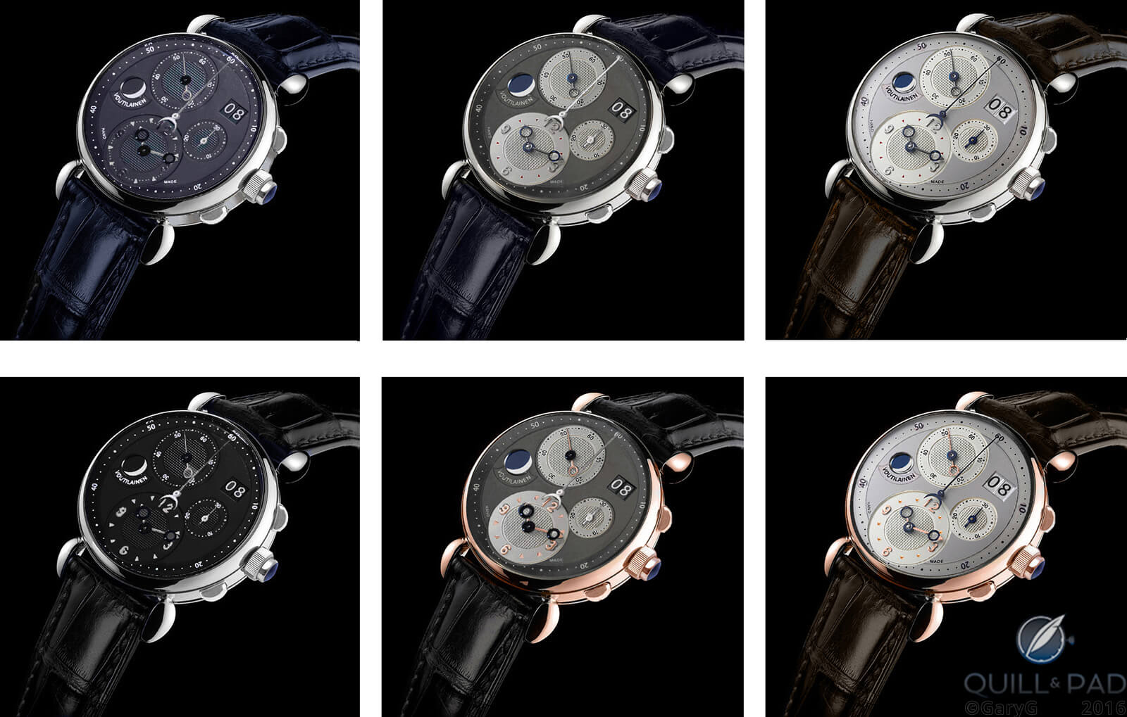 Mockup of the six “NorCal” versions of the Voutilainen Masterpiece Chronograph II
