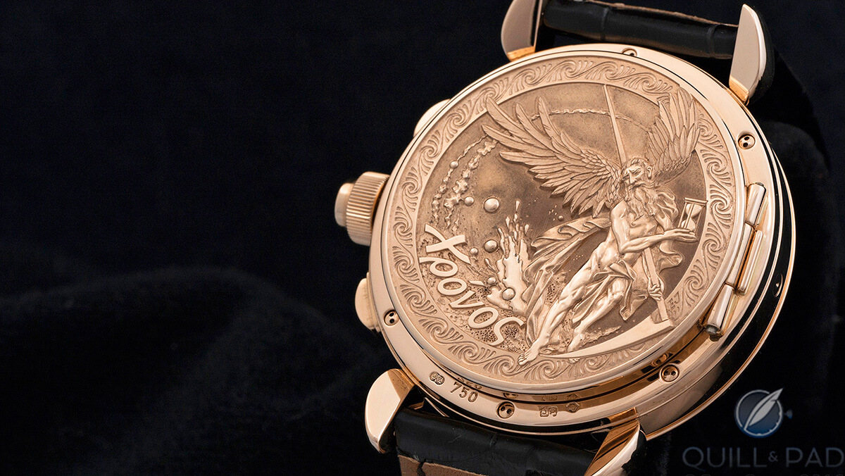 Parting shot: Chronos engraved by Eddy Jacquet on the reverse of the author’s Voutilainen Masterpiece Chronograph II