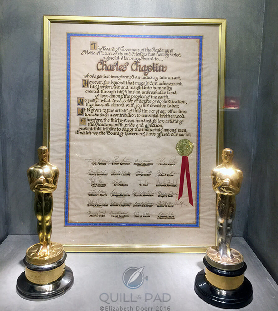 Two of Charlie Chaplin's Oscars on display at Chaplin's World; the third was stolen