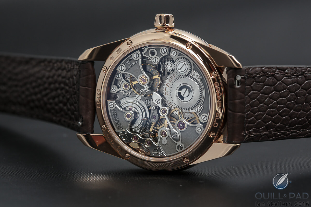 Back of the Grönefeld 1941 Remontoire revealing the beautiful movement within