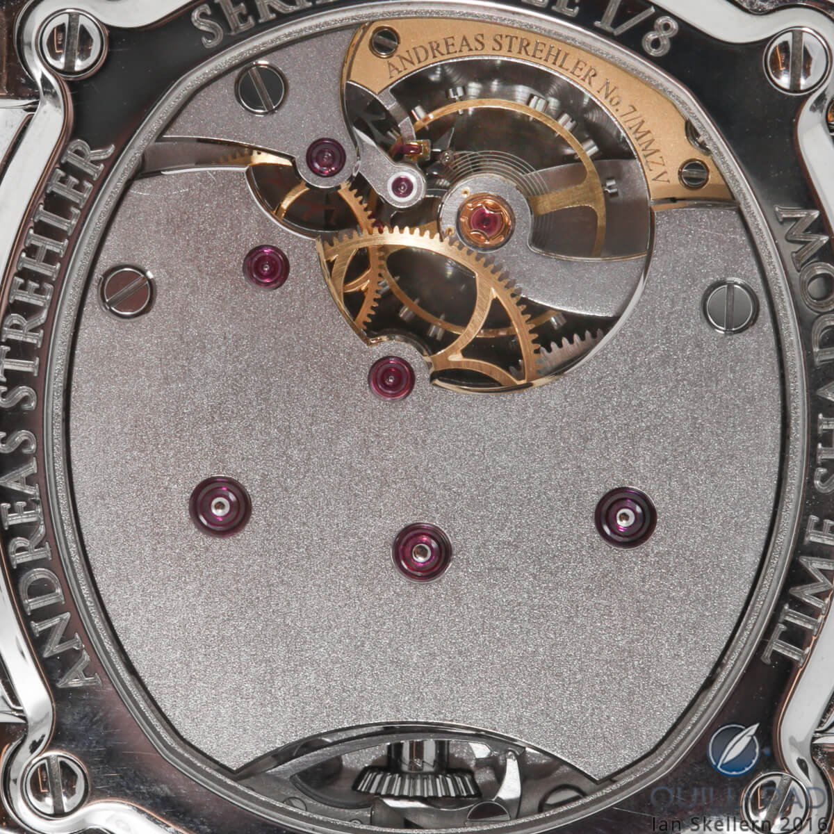 Back of the Andreas Strehler Time Shadow with conical winding gear visible at the bottom