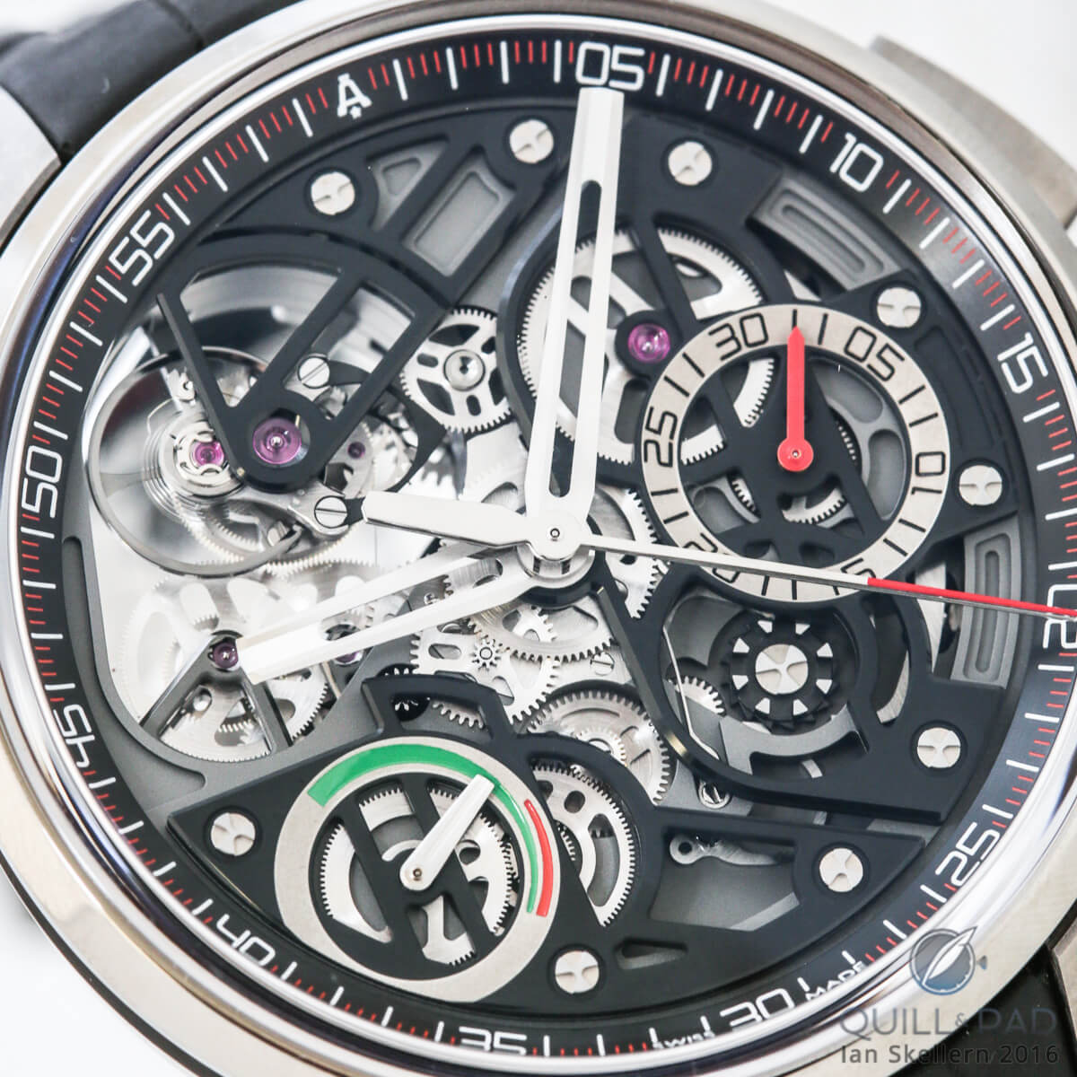 Close look dial side of the Angelus U30 Tourbillon Rattrapante