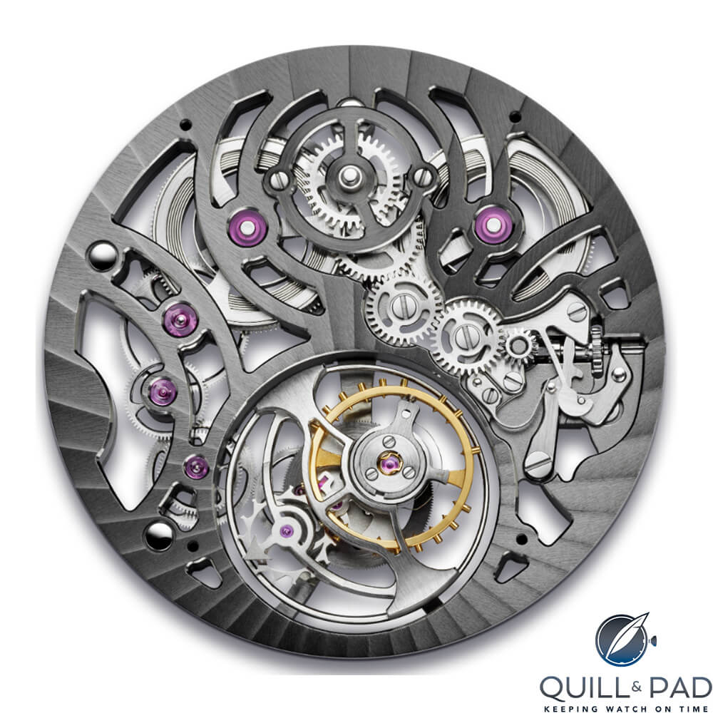 Top of the movement of the Arnold & Son UTTE Skeleton