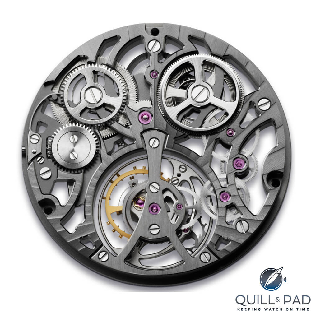 Back of the movement of the Arnold & Son UTTE Skeleton