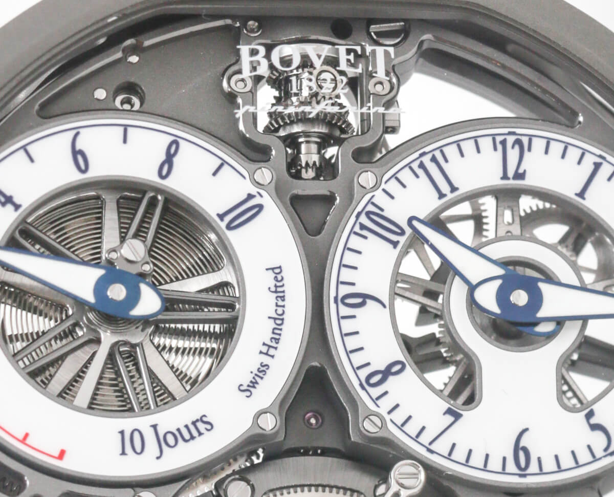 The spherical winding system of the Bovet Ottantasei is visible behind the brand's logo at the top