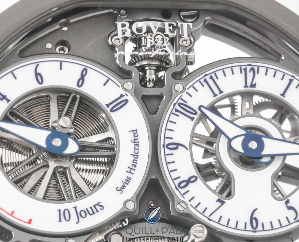 The spherical differential of the OttantaSei is visible behind the Bovet logo at 12 o'clock 