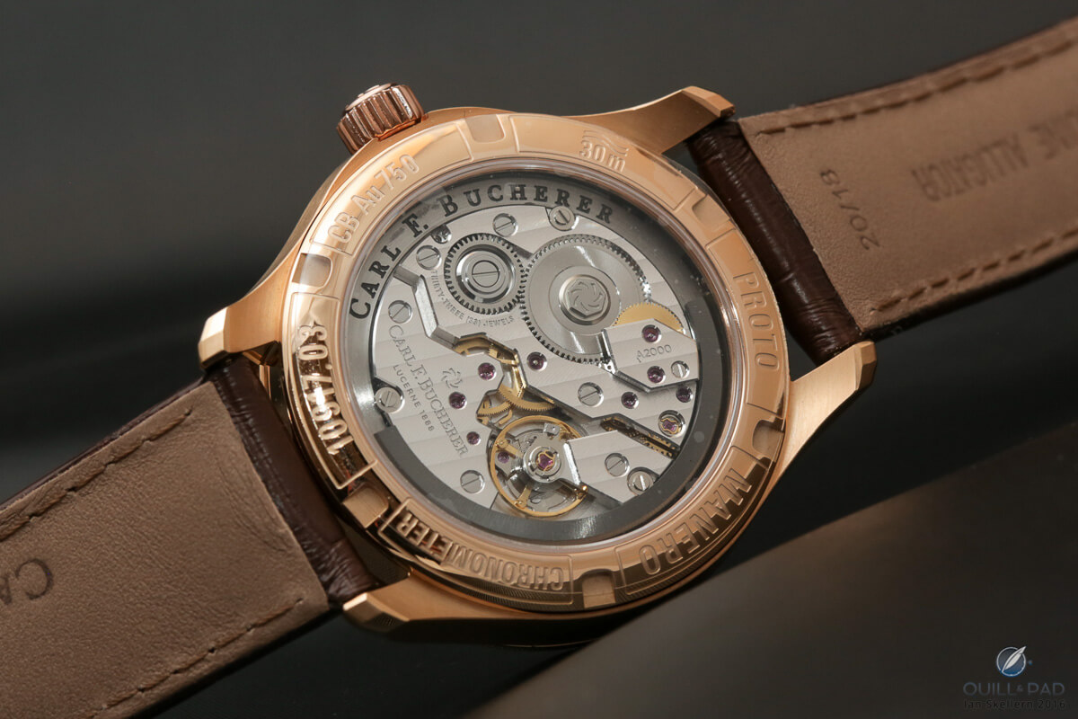 The peripheral rotor is visible in dark gray around the movement of the Carl F. Bucherer Manero Peripheral