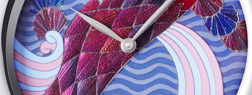 Close look at the intricate, colorful dial of the Hermès Arceau Pocket Ailes et Ecailles