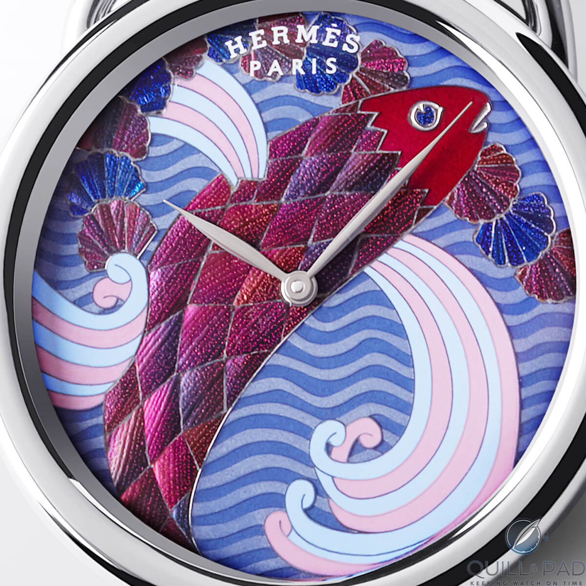 Close look at the intricate, colorful dial of the Hermès Arceau Pocket Ailes et Ecailles