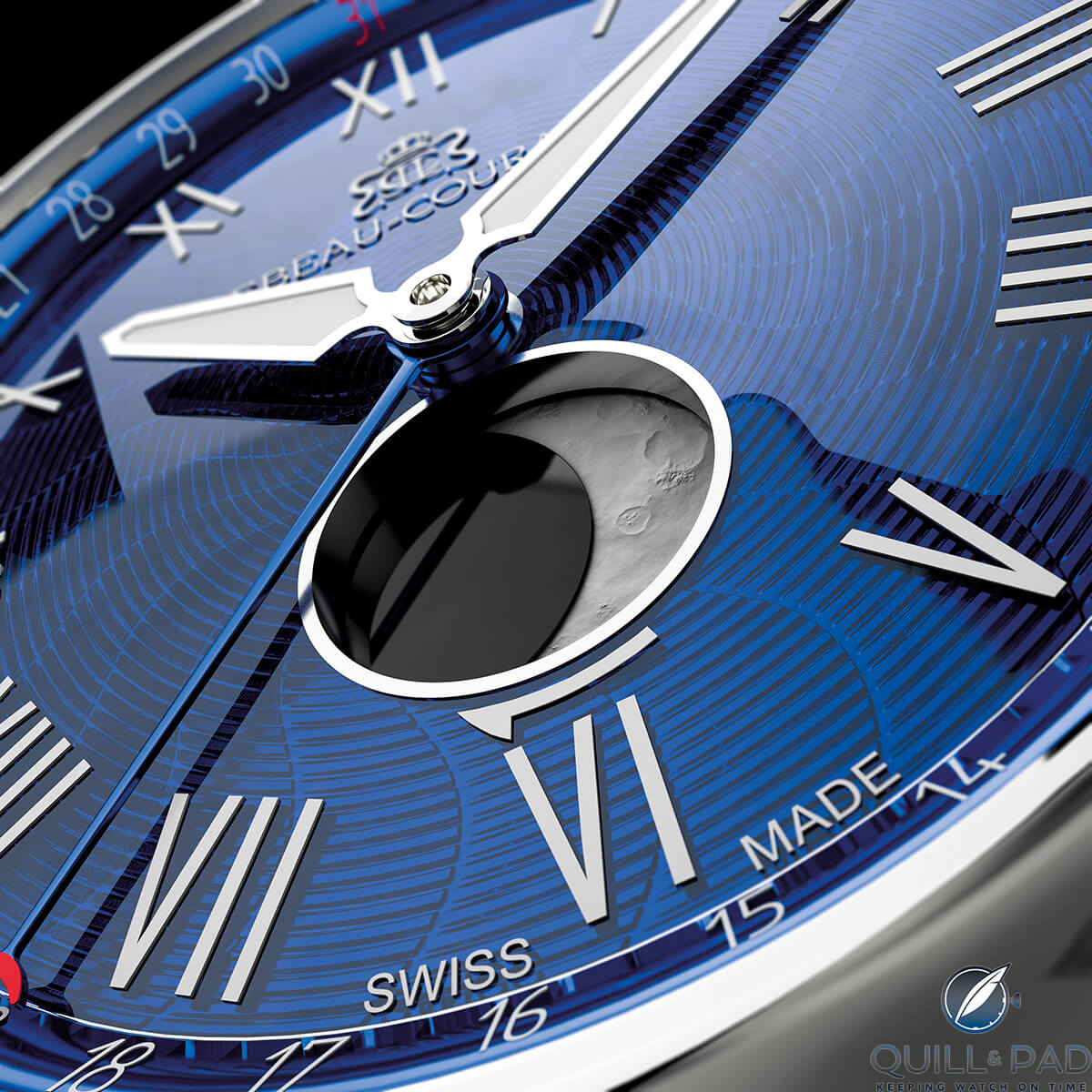 A close look at the engraved and enameled dial of the Lebeau-Courally Phase de Lune in white gold