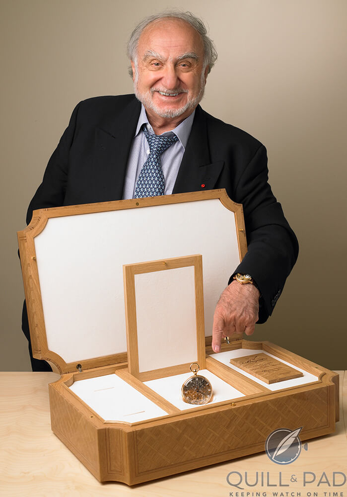 Nicolas G Hayek (1928-2010) with the Breguet Marie Antoinette Grand Complication No. 1160 in its oak presentation case