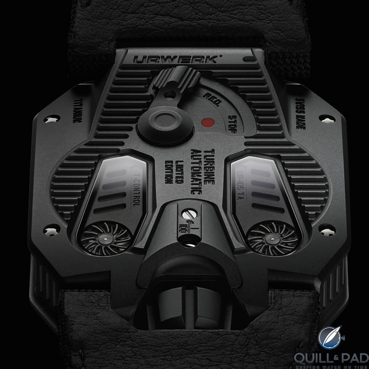 Back of the Urwerk UR-105 T-Rex with the automatic winding selector at the top, now set to FULL, with RED (reduced) and STOP as other options