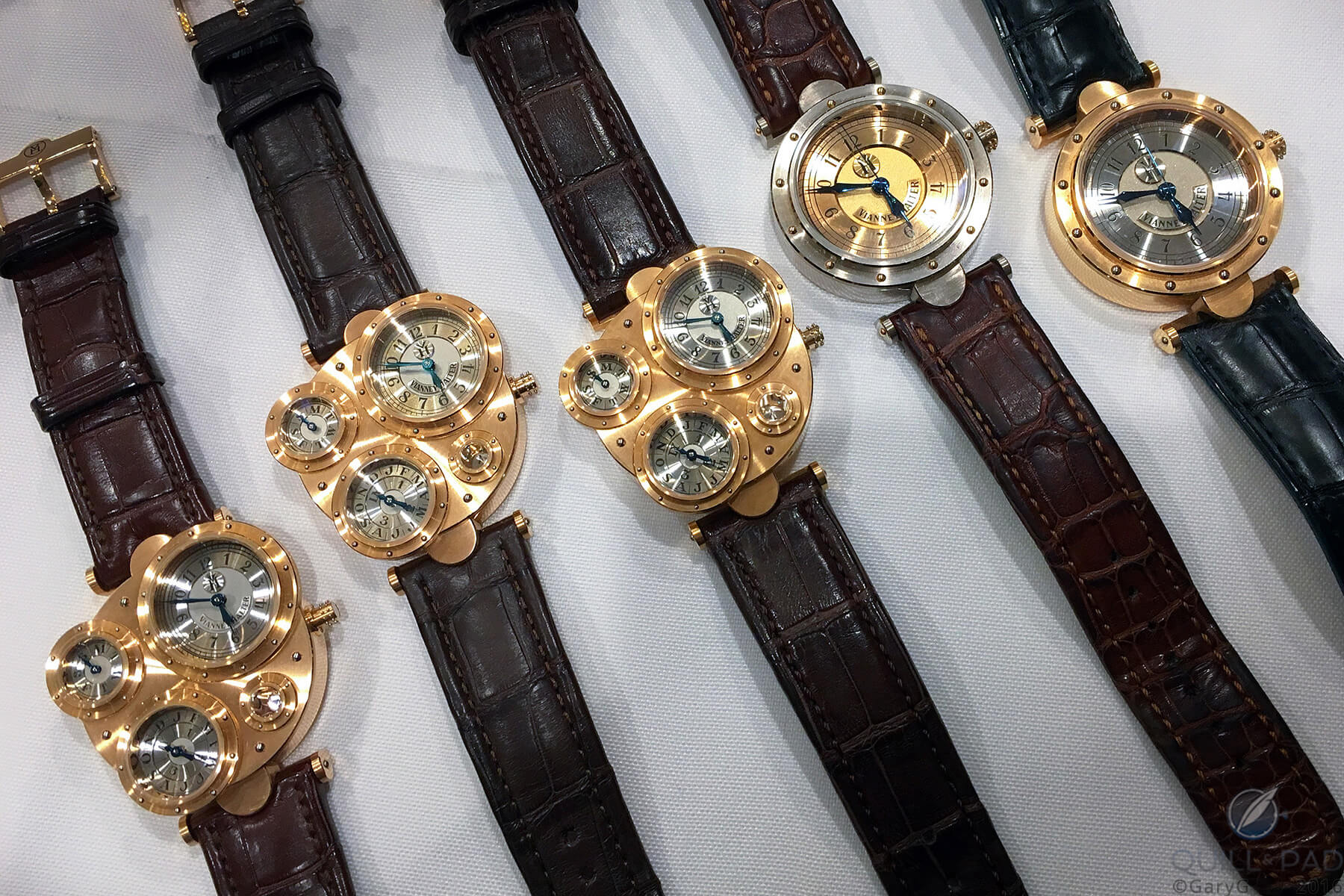 Table scene at a recent watch dinner, including three of the 36 Vianney Halter Antiquas made in pink gold