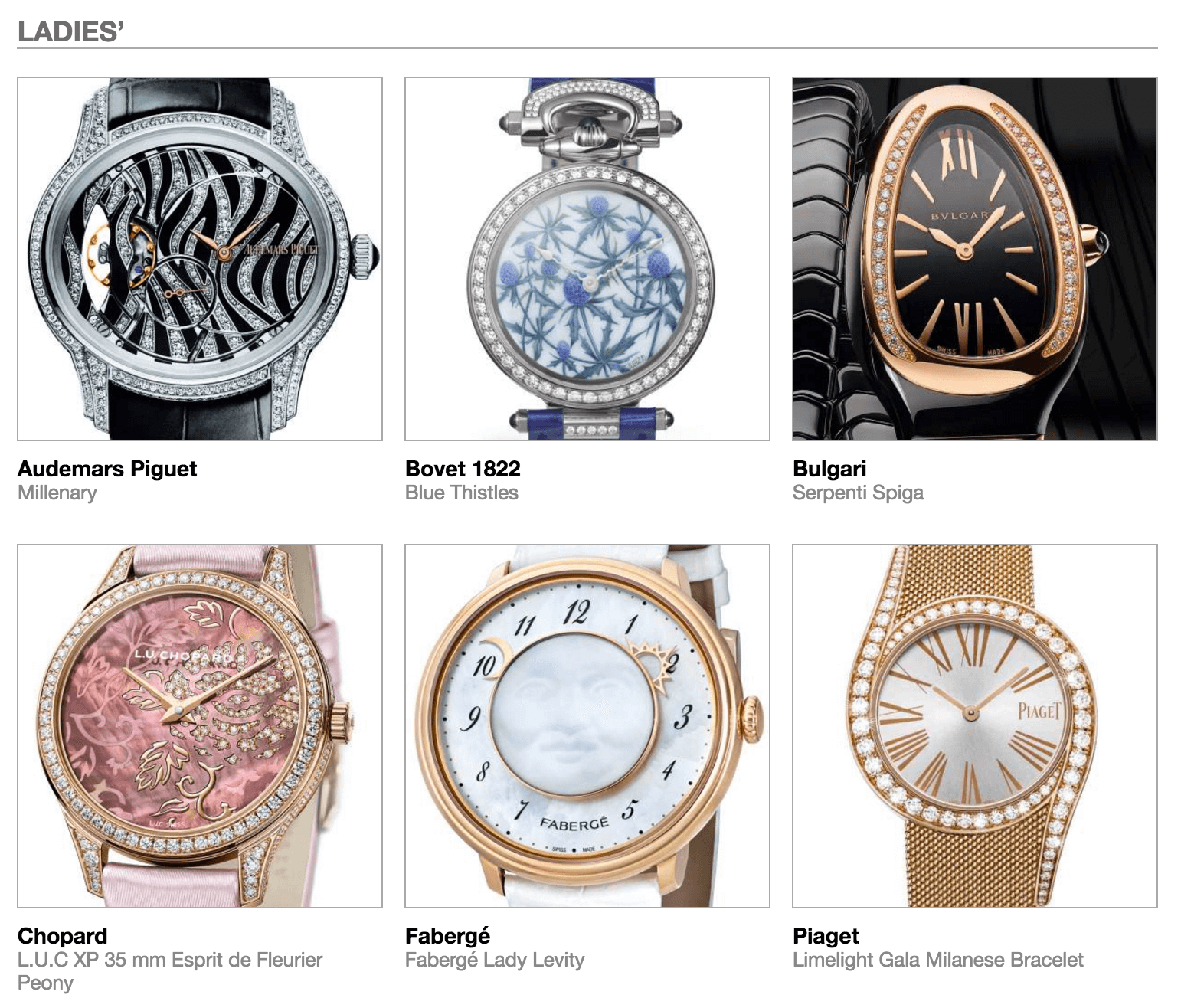 Pre-selected Ladies' watches in the 2016 GPHG