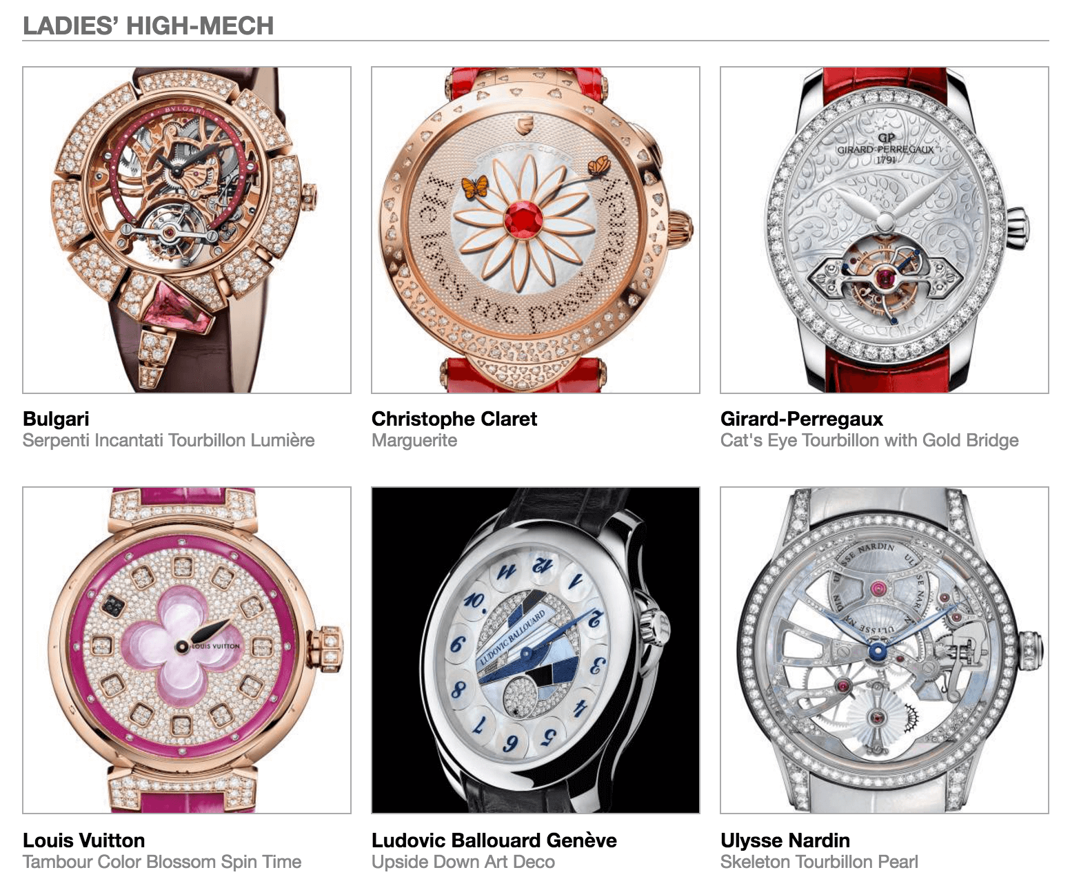 Pre-selected Ladies' High-Mech watches in the 2016 GPHG