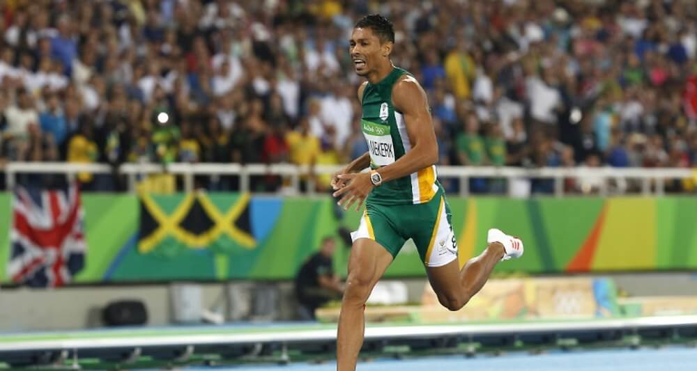 Wayde van Niekerk wearing a Richard Mille as he wins and sets a new world record in the 400 meters final at Rio 2016