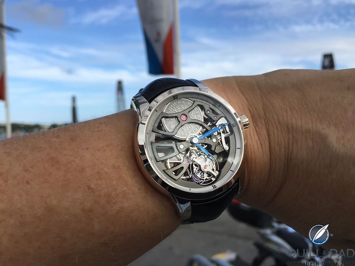 To show you how different this watch looks without its feminine embellishment, take a look at this Ulysse Nardin Skeleton Tourbillon Boutique Edition I wore for a few days in 2015; also note how well this 44 mm watch fits my small wrist