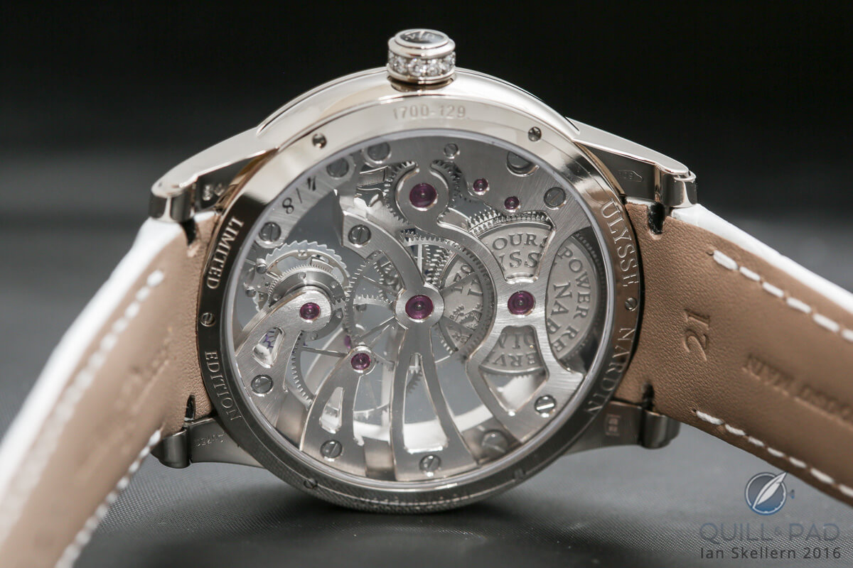 A rear view of the Ulysse Nardin Skeleton Tourbillon Pearl: note the beautiful, yet modern finishing