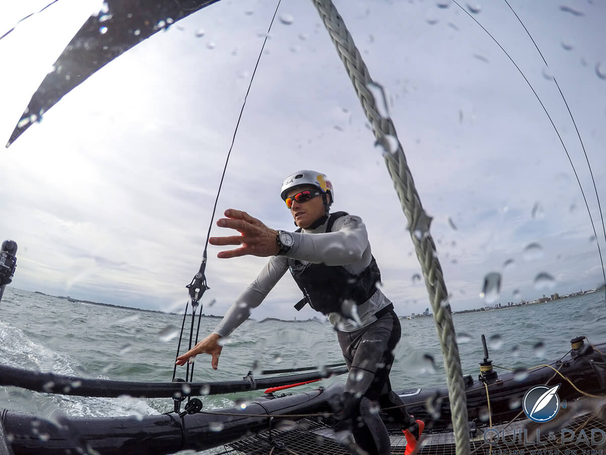 Jimmy Spithill, Oracle Team USA’s skipper, in action wearing the Bremont Regatta OTUSA model (photo courtesy Sam Greenfield)