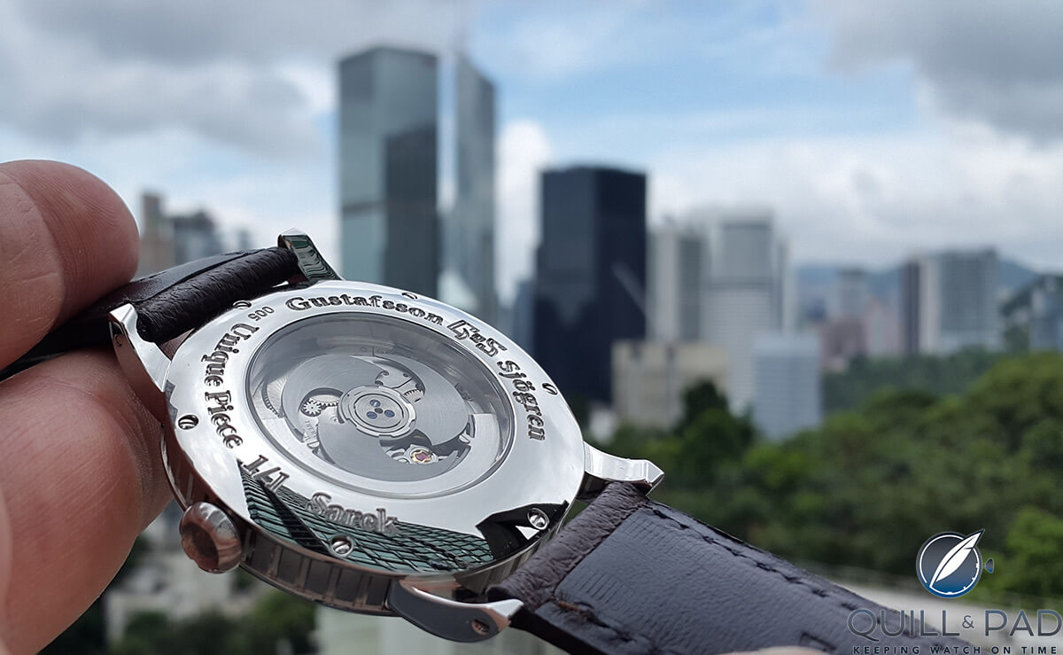 The transparent case back of the GoS Sarek reveals the Soprod A10 automatic caliber with a unique ‘triskele’ rotor