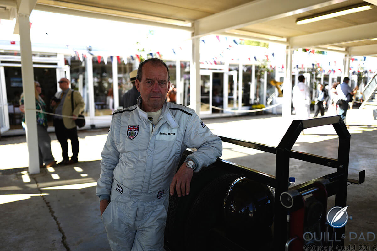 Racing driver, Formula 1 team owner, and race winner Jackie Oliver at the 2016 Goodwood Revival