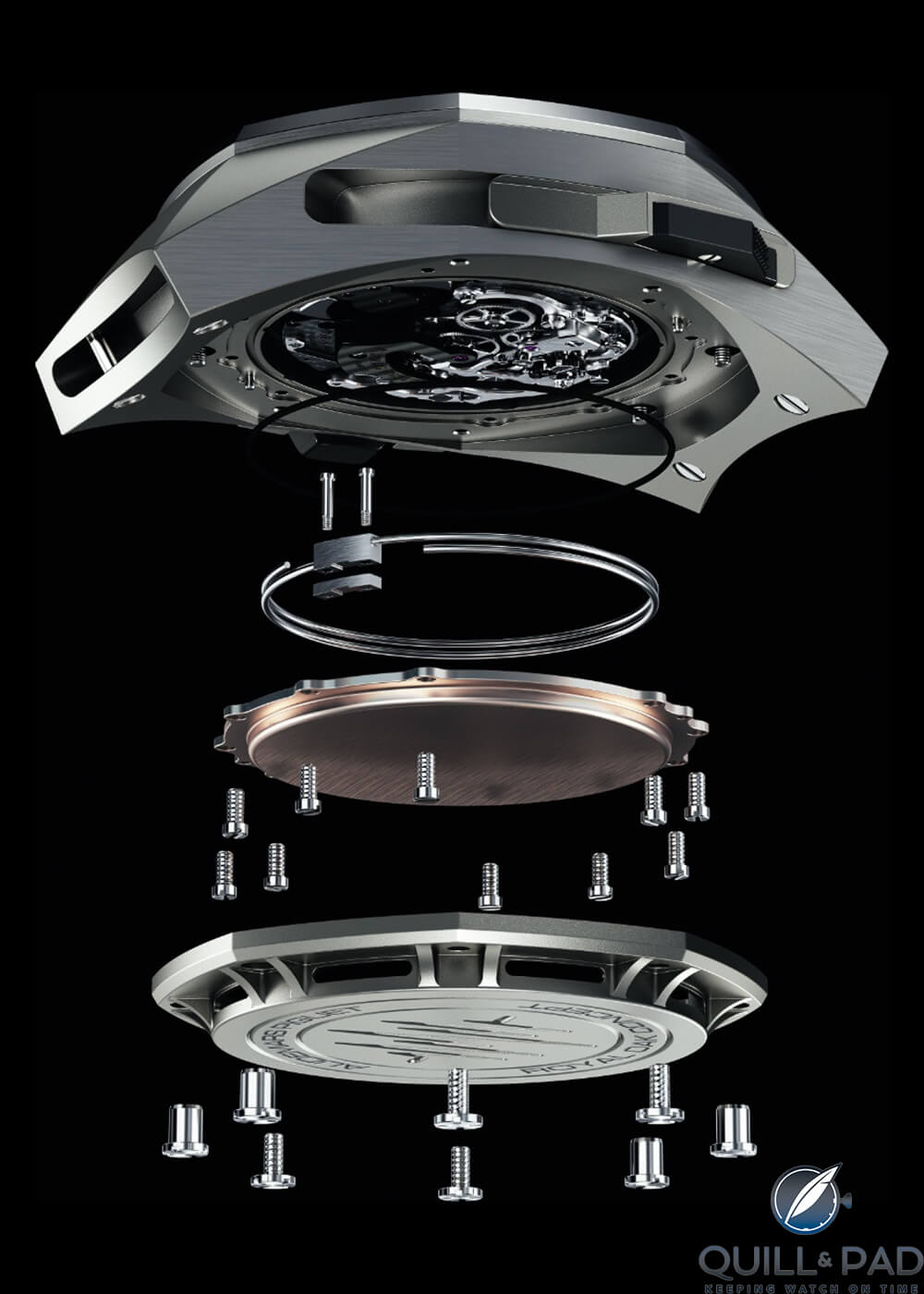 This exploded view shows the movement in the case at the top, followed by the gongs, then soundboard (shown as copper disk here) and the caseback at the bottom, Audemars Piguet Royal Oak Concept Supersonnerie