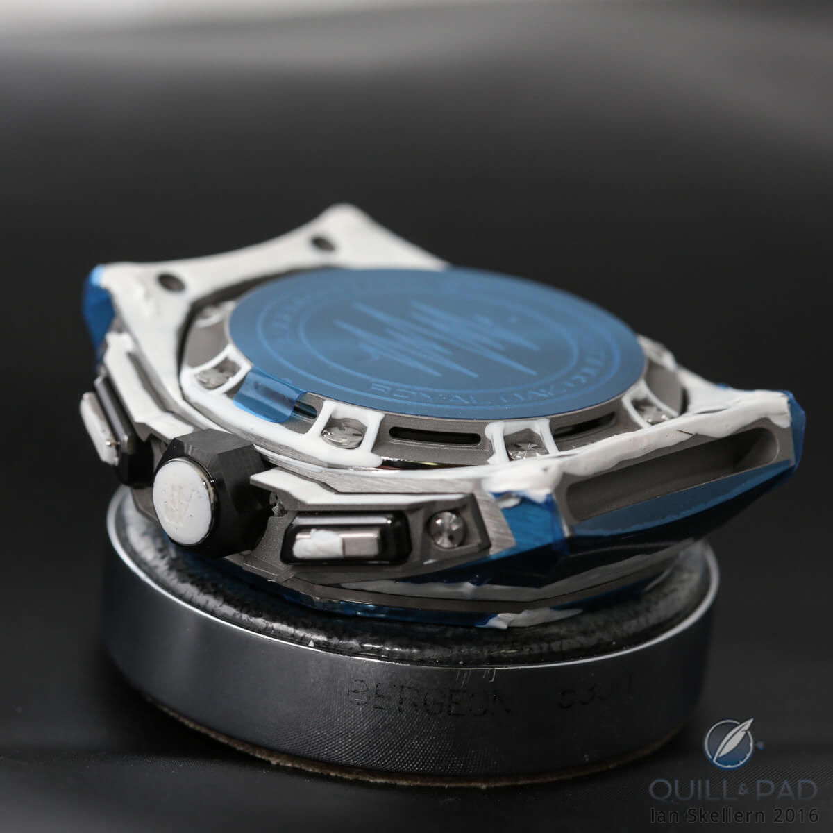 You can see the slots around the edge of the caseback that allow the sound to escape easily and in a focused direction (towards the ear), Audemars Piguet Royal Oak Concept Supersonnerie (blue is protective tape)