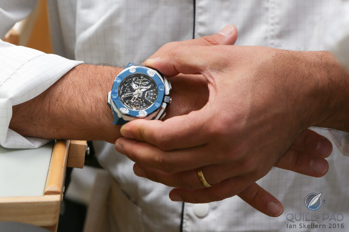 Audemars Piguet Royal Oak Concept Supersonnerie on the wrist (the blue is protective tape)