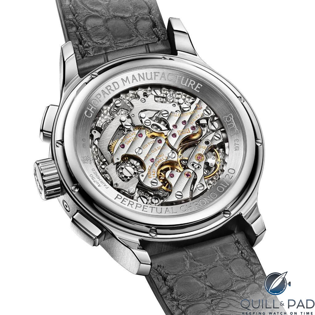 View through the display back to the beautiful movement of the Chopard L.U.C Perpetual Chrono