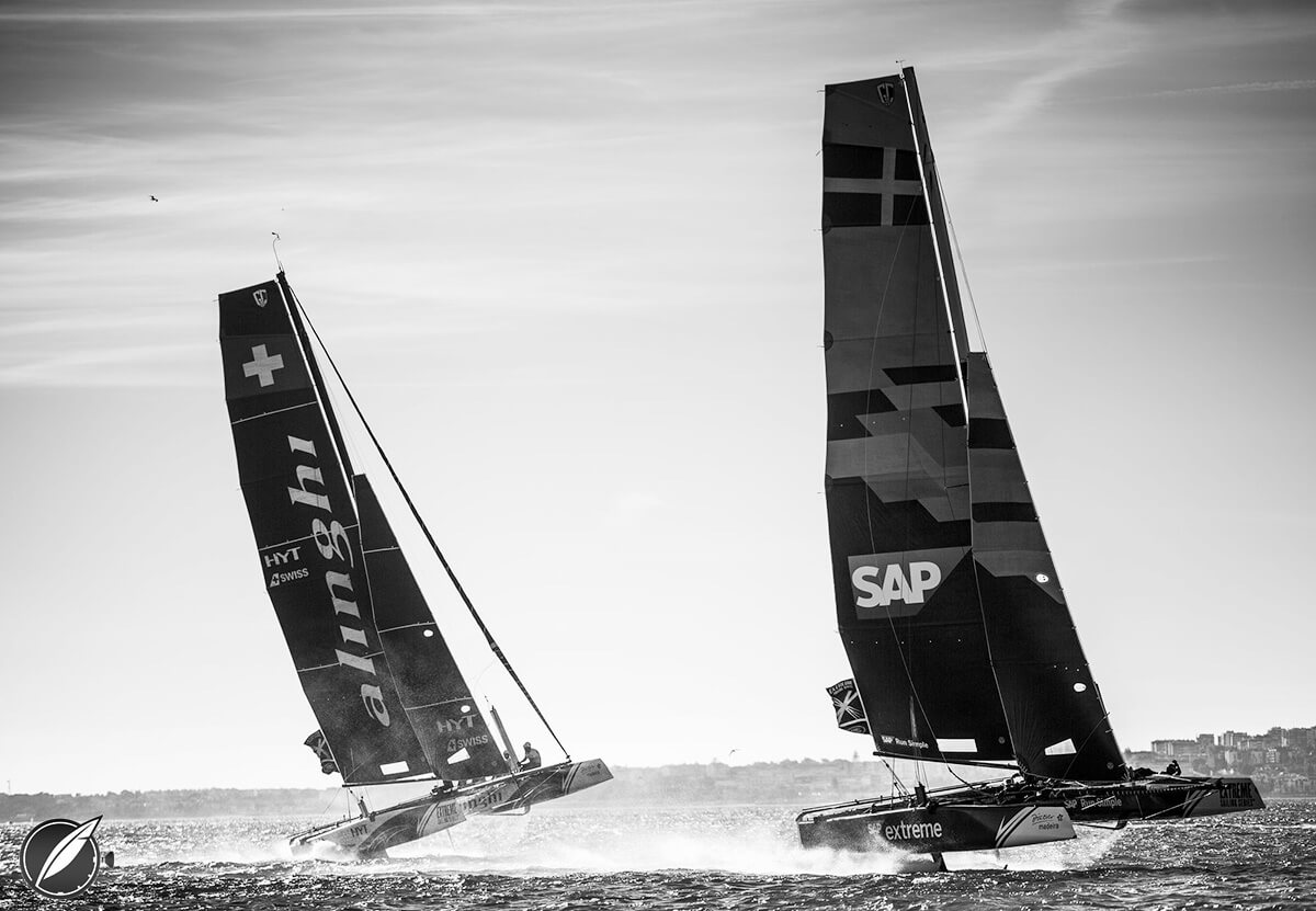 The foiling catamarans lifting well out of the water in the Extreme Sailing Series in Lisbon