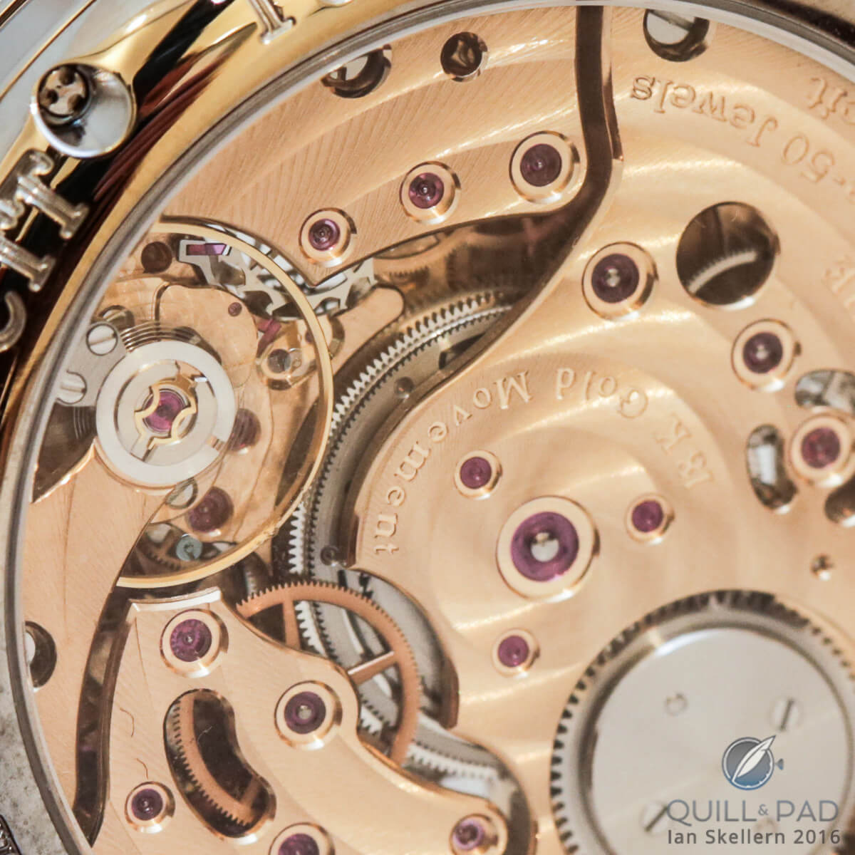 Detail of the pink gold movement in the F.P. Journe Centigraphe Souverain Anniversaire
