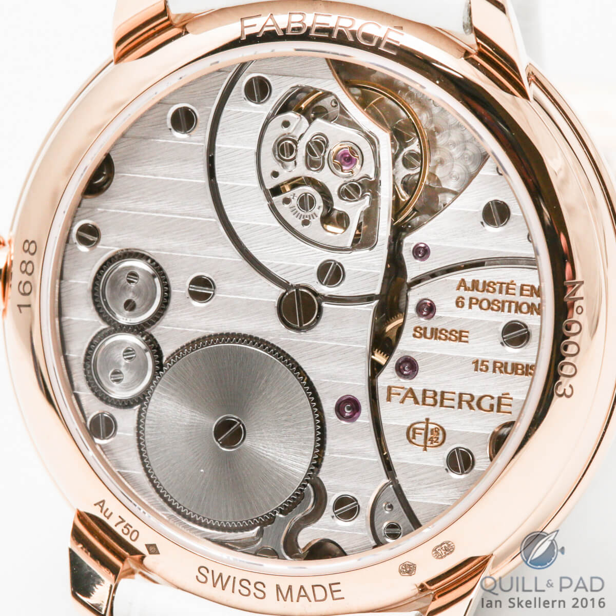 View through the display back of the Fabergé Lady Levity to reveal the beautifully finished Caliber AGH 6911 movement within