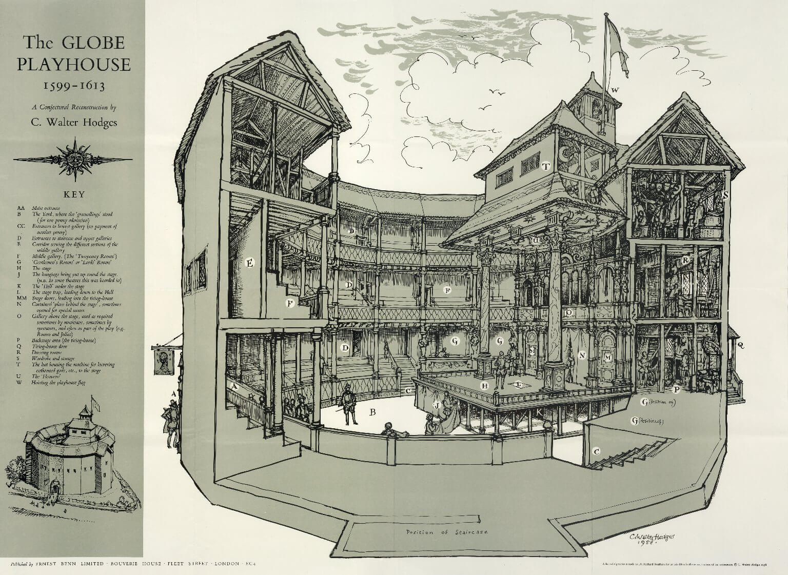 Conjectural reconstruction of the Globe theatre by C. Walter Hodges based on archeological and documentary evidence (image courtesy C. Walter Hodges)