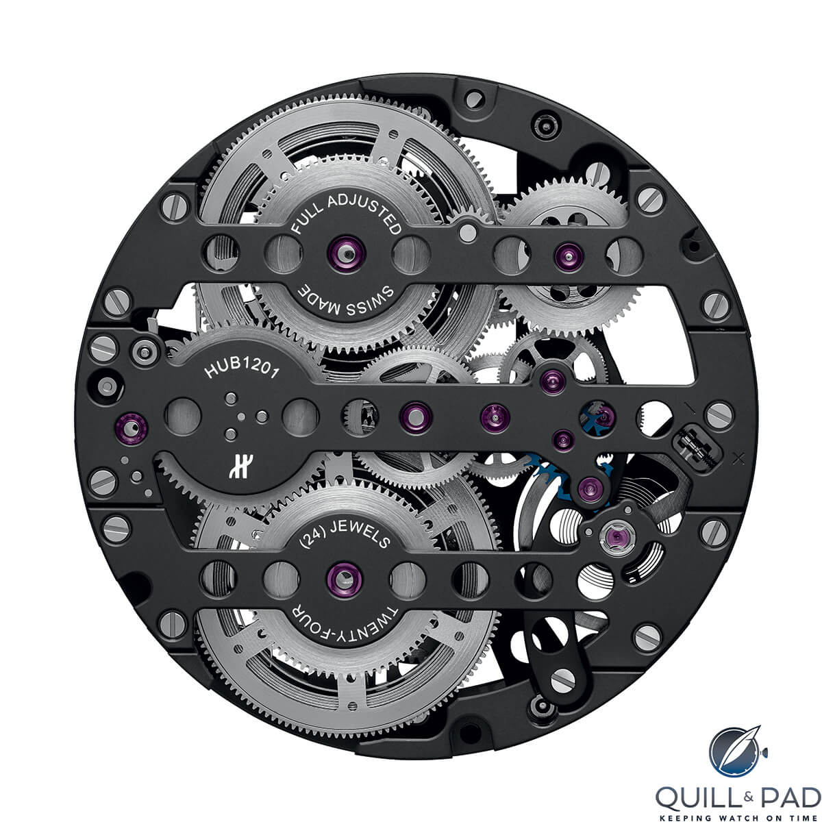 Back of the movement of the Hublot Big Bang MECA-10 showing the two large mainspring barrels