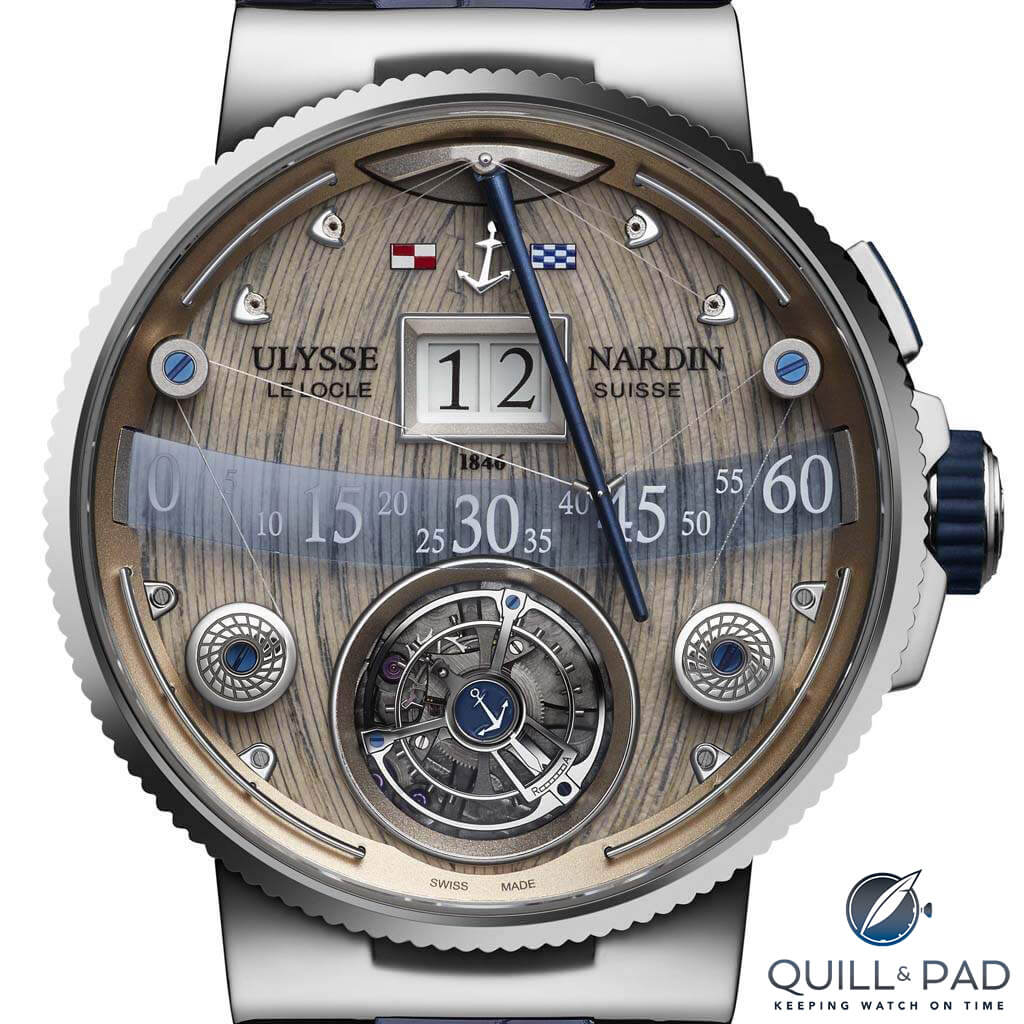 Close up look at the dial of the Ulysse Nardin Grand Deck Marine Tourbillon