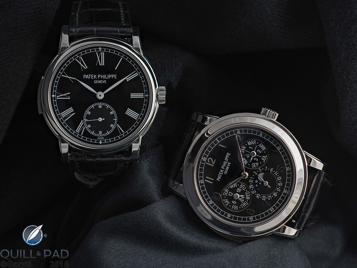 Two of a kind: the Patek Philippe 5078P (at left) and 5074P minute repeaters