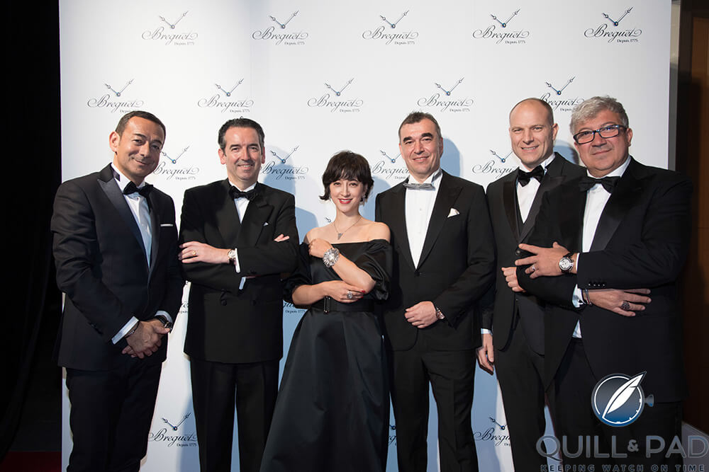 Guests at the ambassador’s Résidence de France in Tokyo, scene of an elegant gala thrown by Breguet in honor of “Marie-Antoinette, a Queen in Versailles,” including Jean-Charles Zufferey, vice-president Breguet (far left), Emmanuel Breguet (second from left), and Christel Takigawa (Japanese model and TV star) wearing Breguet B Crazy high jewelry watch