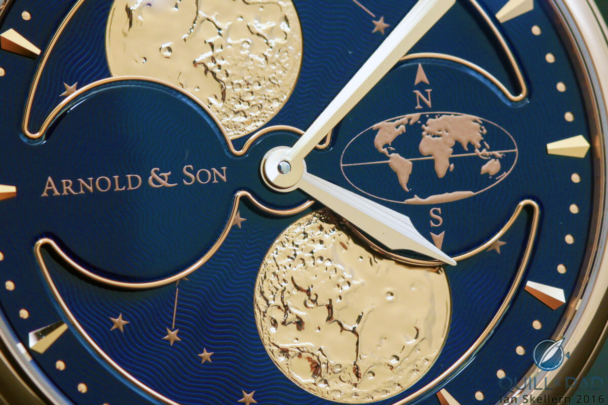 Close up look at the dial of the Arnold & Son HM Double Hemisphere Perpetual Moon