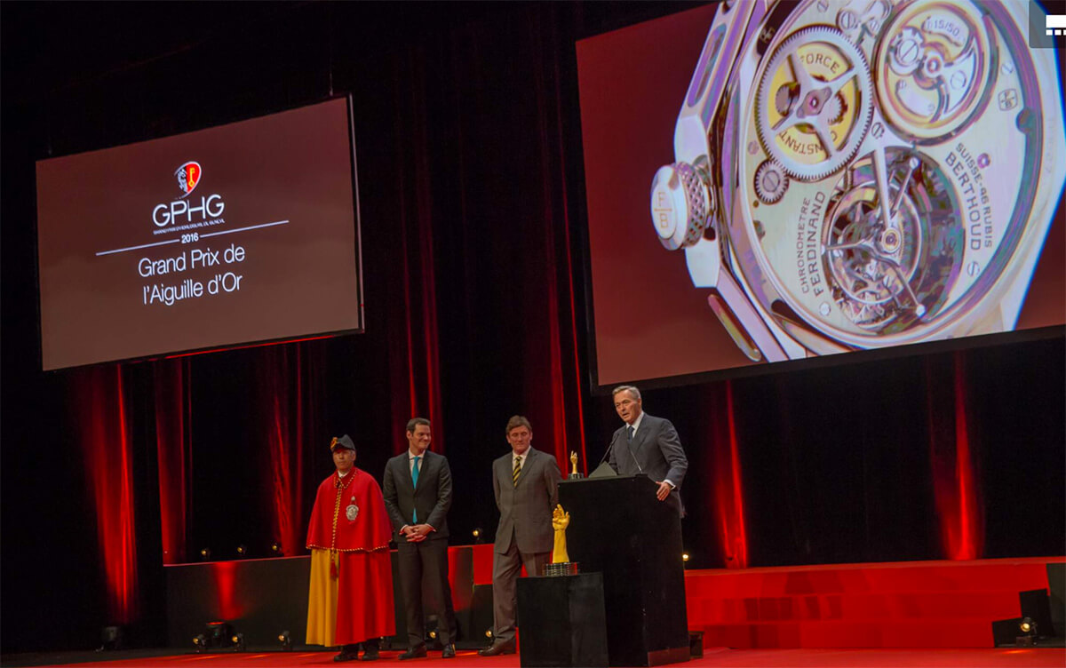 Karl-Friedrich Scheufele, President of la Chronométrie Ferdinand Berthoud, accepting the Aguille d'Or at the 2016 Grand Prix d’Horlogerie de Genève