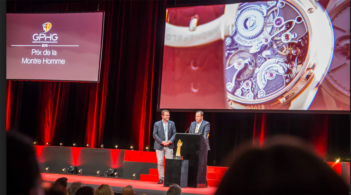 Bart and Time Grönefeld accepting the prize for Best Men's Watch at the 2016 Grand Prix d’Horlogerie de Genève (photos courtesy Grégory Maillot/www.point-of-views.ch)