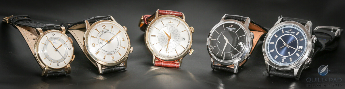 A collection of historic Jaeger-LeCoultre Memovoxes, with the Boutique Edition on the right