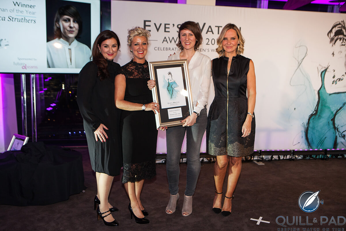 Awarding “Woman of the Year,” Rebecca Struthers, at the 2016 Eve’s Watch Awards: (l to r) Jane Trew, Larissa Trew, Rebecca Struthers, Jacquie Beltrao