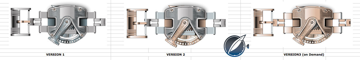 Three versions of the Roland Iten RWC11 symmetrically adjustable watch clasp