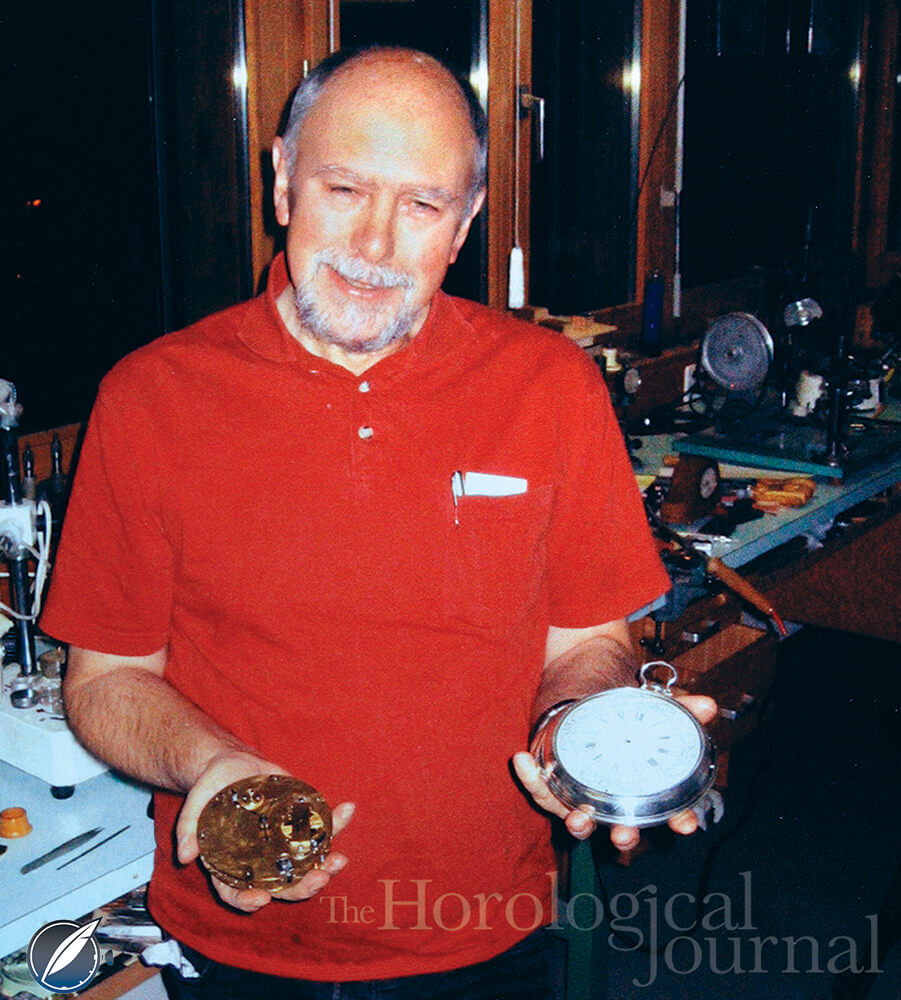 Derek Pratt holding his H4 in his workshop in Switzerland in 2005 (photo courtesy British Horological Journal)