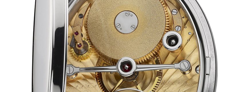 The rear view of the Urban Jürgensen oval tourbillon pocket watch from 1991 by Derek Pratt reveals the remontoir tourbillon with spring detent escapement; this movement is wound by key