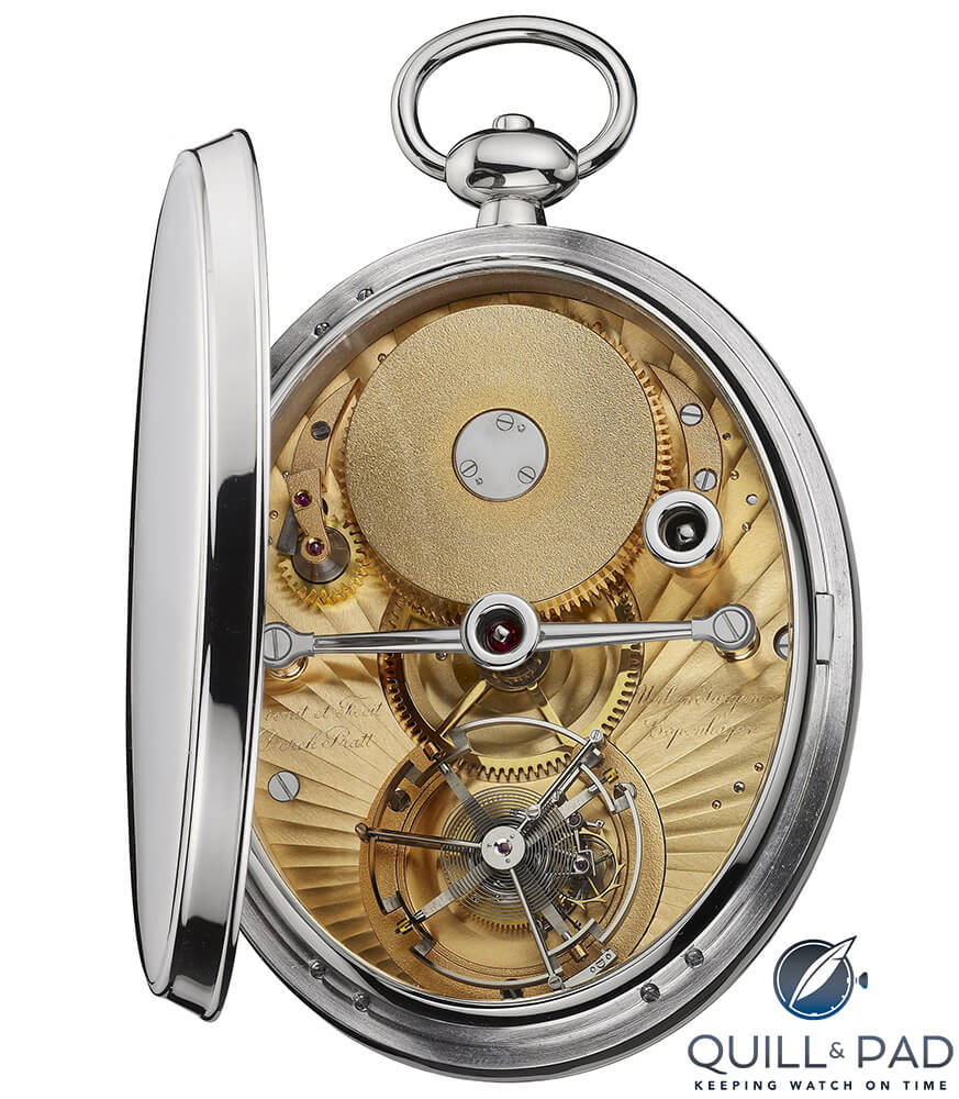 The rear view of the Urban Jürgensen oval tourbillon pocket watch from 1991 by Derek Pratt reveals the remontoir tourbillon with spring detent escapement; this movement is wound by key