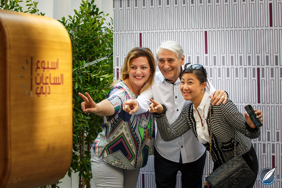 Fun at the Dubai Watch Week photo machine: Asta Ponzo (Grand Prix d’Horlogerie de Genève), Carlo Lamprecht (president of the Grand Prix d’Horlogerie de Genève), Christina Sang (Portsmouth Group/PR for Dubai Watch Week)