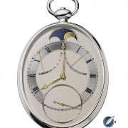 Front view of the Urban Jürgensen oval tourbillon pocket watch from 1991 by Derek Pratt in its original silver case; Pratt engine-turned the dial made from a single piece of silver by hand himself