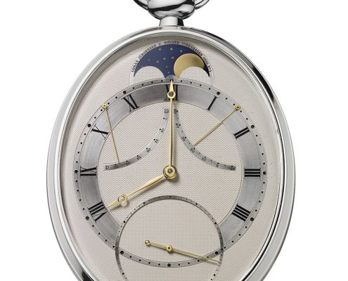 Front view of the Urban Jürgensen oval tourbillon pocket watch from 1991 by Derek Pratt in its original silver case; Pratt engine-turned the dial made from a single piece of silver by hand himself